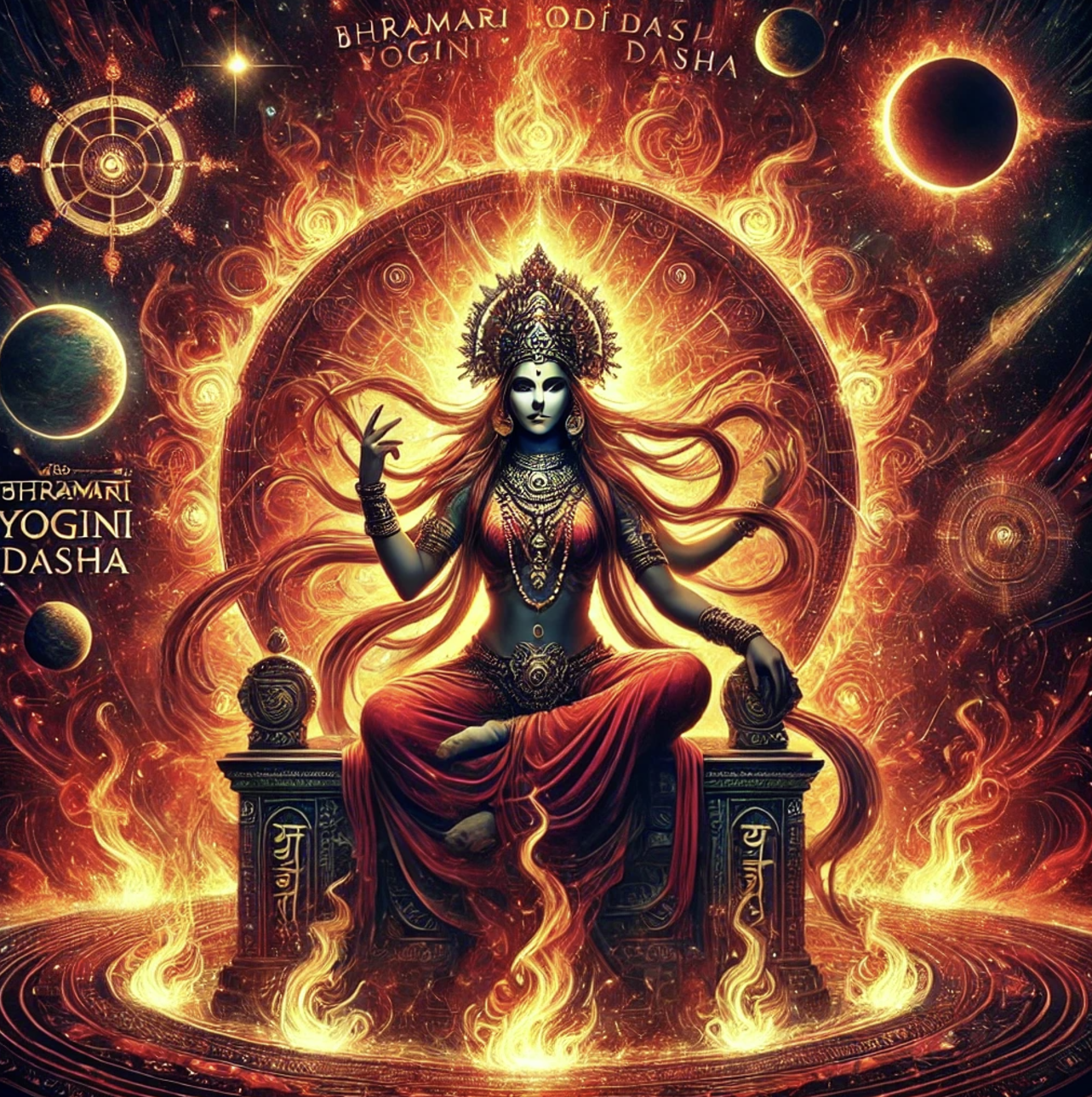 An artistic depiction of Bhramari Yogini Dasha, featuring a fierce celestial female figure symbolizing Mars, seated on a fiery throne surrounded by glowing red and orange cosmic patterns, planets, and divine flames.